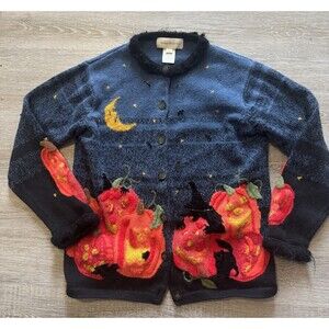 Vintage Susan Bristol Halloween Sweater Cardigan Size S Pumpkins Bats Witch